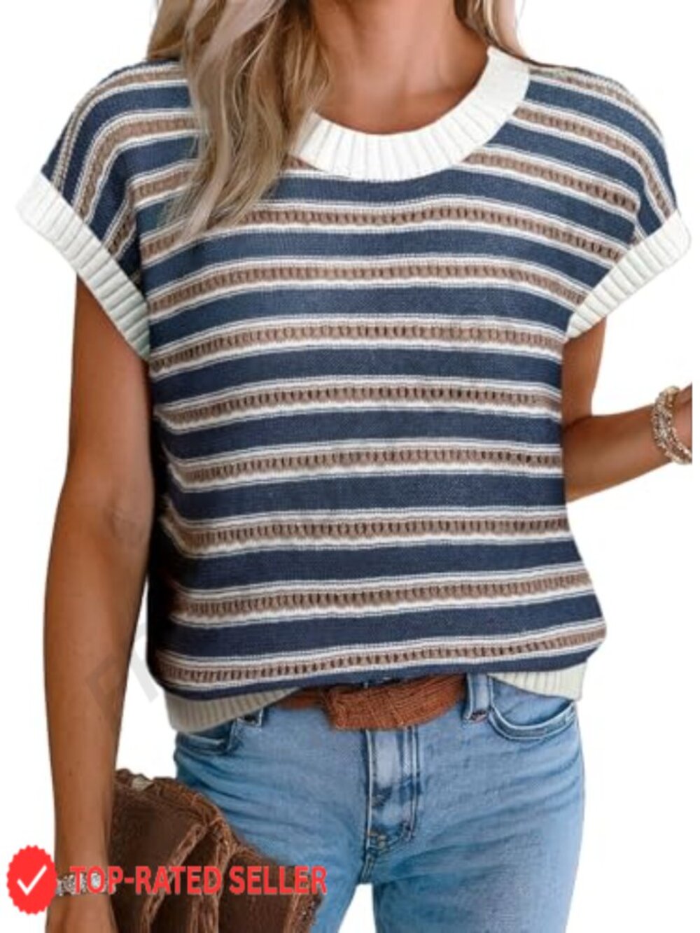 EVALESS Striped Cap Sleeve Sweater Vest Round Neck Tank Top